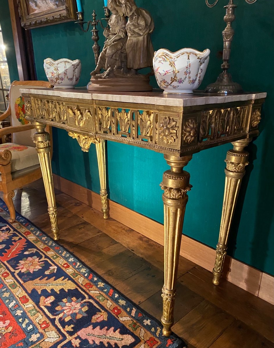 Console italienne D’époque Louis XVI à Ressaut En Bois Doré Et Plateau De Faux Marbre -photo-6