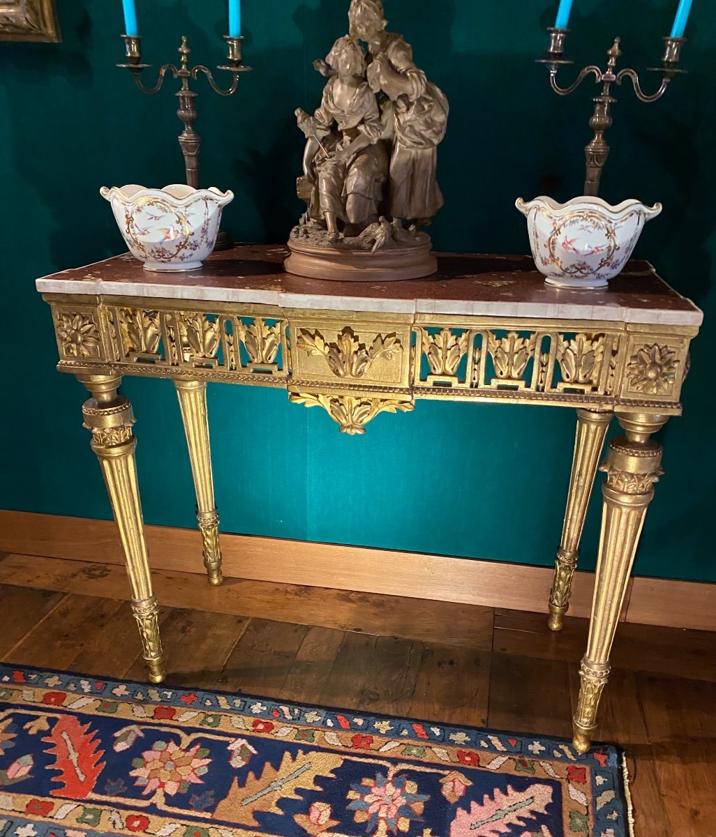 Console italienne D’époque Louis XVI à Ressaut En Bois Doré Et Plateau De Faux Marbre -photo-7