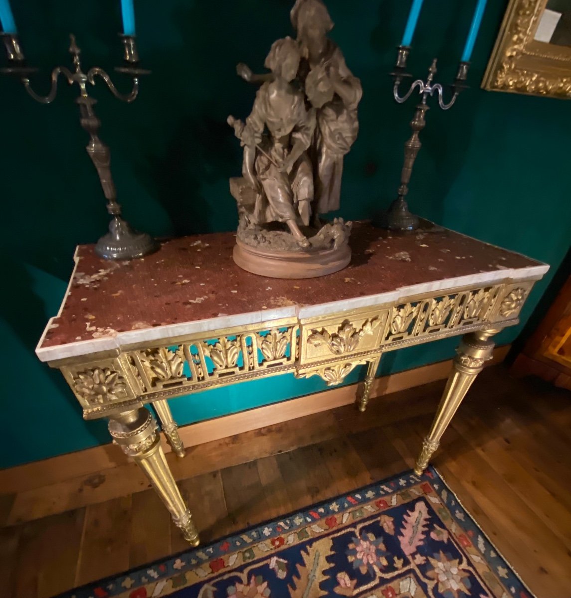 Console italienne D’époque Louis XVI à Ressaut En Bois Doré Et Plateau De Faux Marbre -photo-8