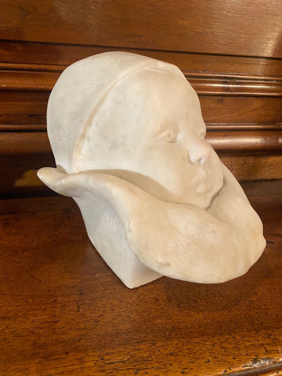 Adorable Infant Head After Jean Carriès In White Marble-photo-6