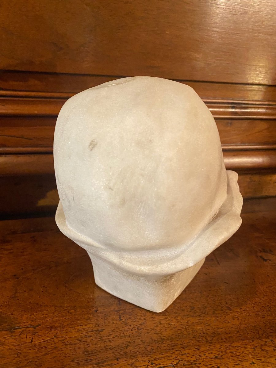 Adorable Infant Head After Jean Carriès In White Marble-photo-7