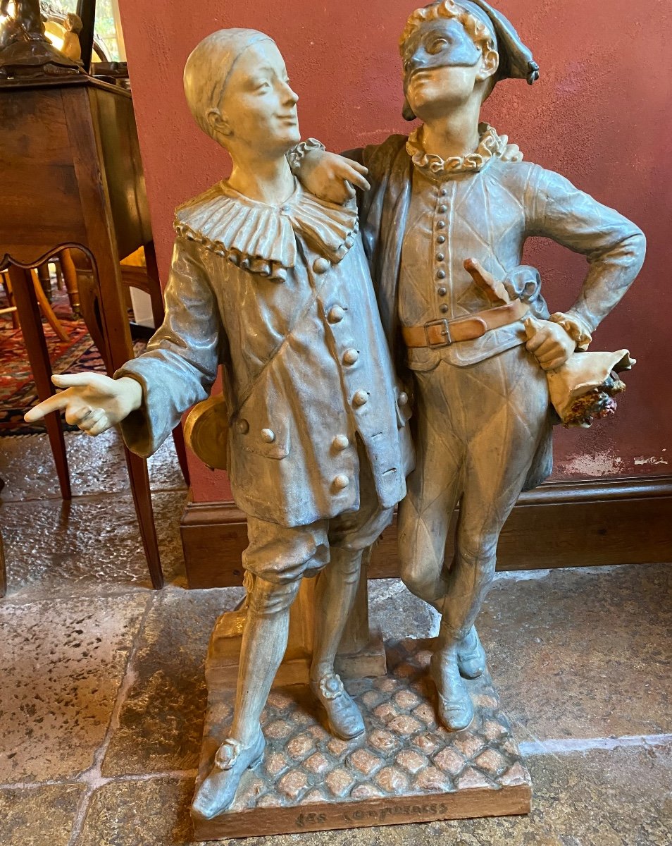 Rare Grès Polychrome De Muller, Signé, Pierrot Et Arlequin  Art Déco -photo-2