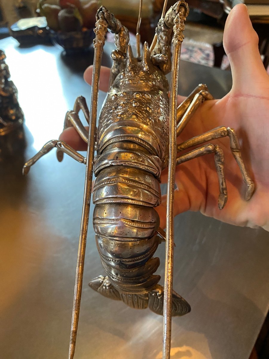 Large Articulated Lobster, Jizai Okimono In Silver Bronze Meiji Era-photo-2