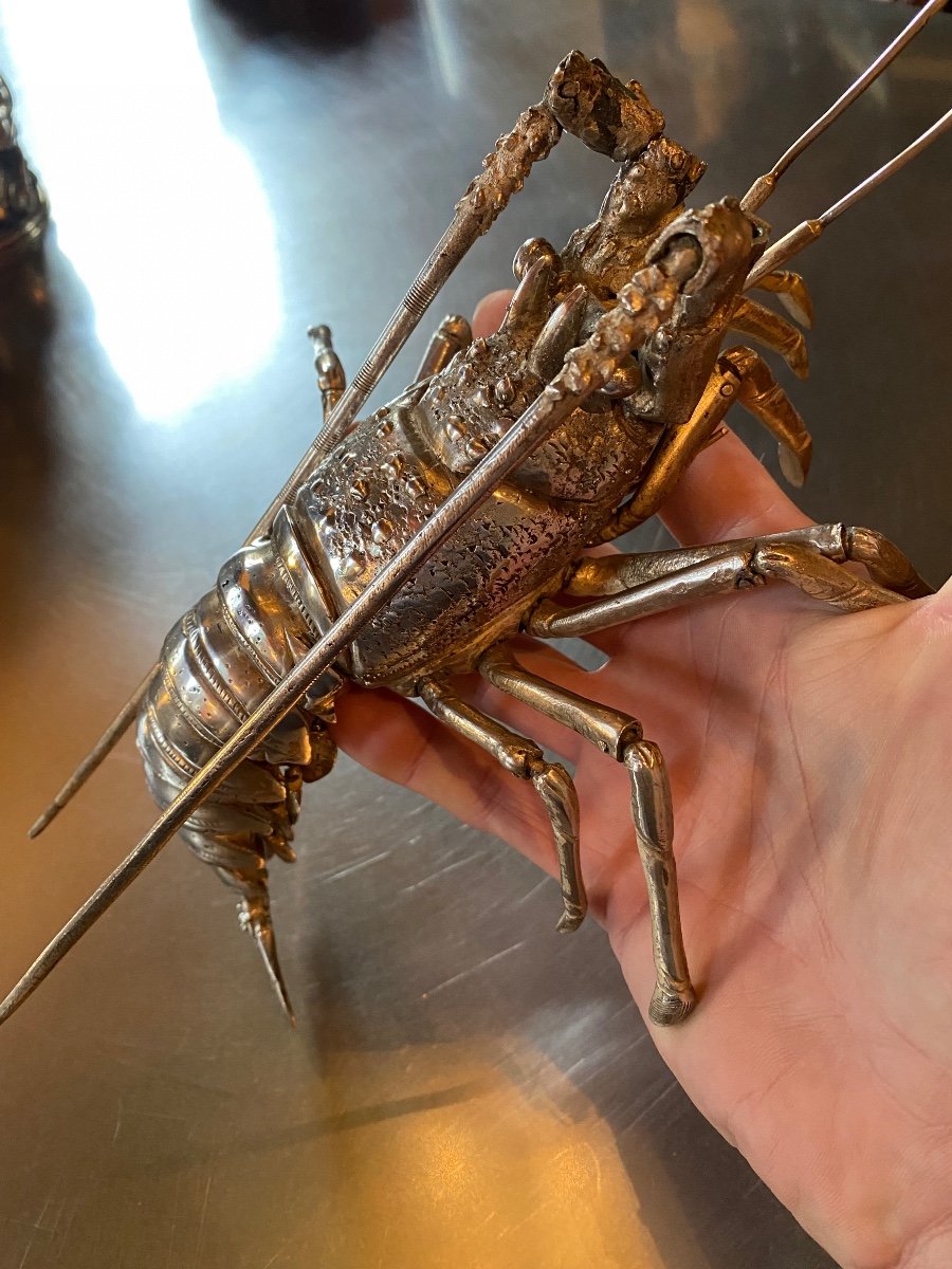 Large Articulated Lobster, Jizai Okimono In Silver Bronze Meiji Era-photo-3