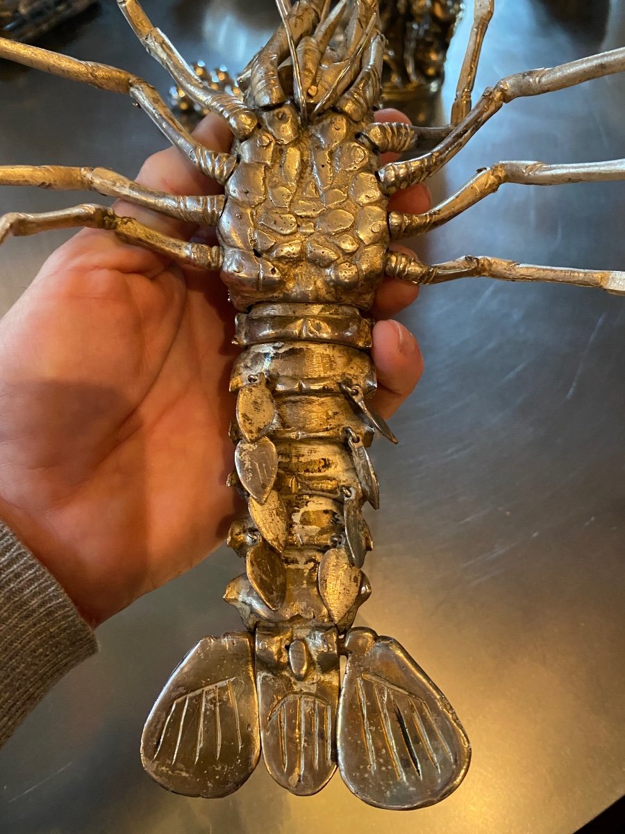 Large Articulated Lobster, Jizai Okimono In Silver Bronze Meiji Era-photo-2
