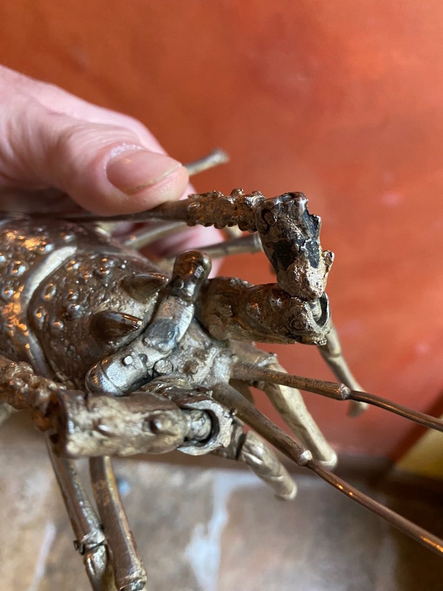 Large Articulated Lobster, Jizai Okimono In Silver Bronze Meiji Era-photo-3