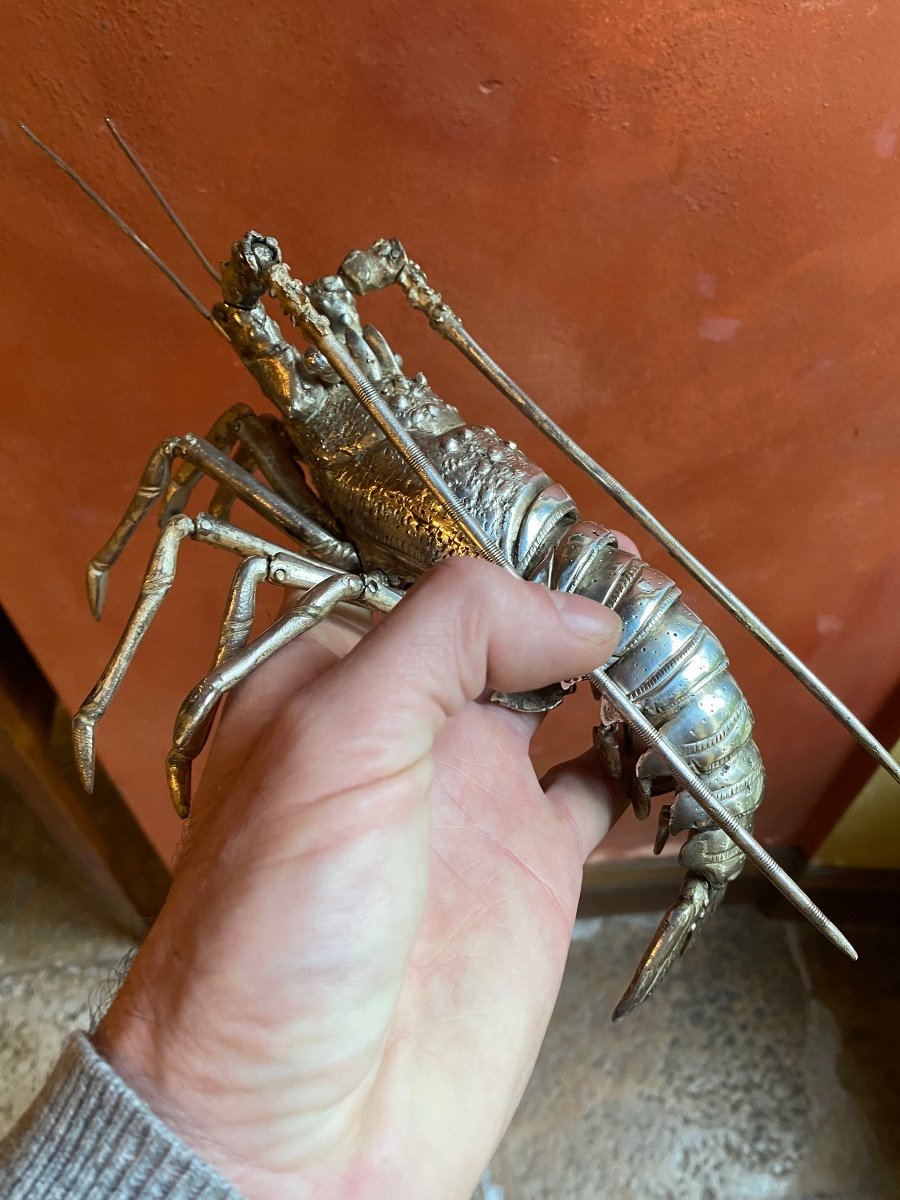 Large Articulated Lobster, Jizai Okimono In Silver Bronze Meiji Era-photo-4