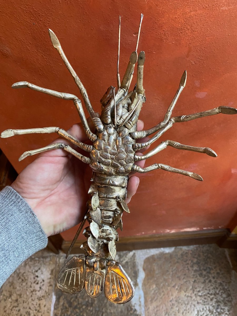 Large Articulated Lobster, Jizai Okimono In Silver Bronze Meiji Era-photo-5