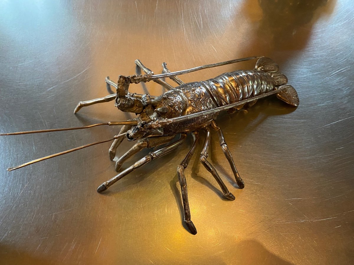 Large Articulated Lobster, Jizai Okimono In Silver Bronze Meiji Era-photo-7