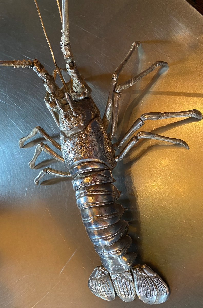Large Articulated Lobster, Jizai Okimono In Silver Bronze Meiji Era