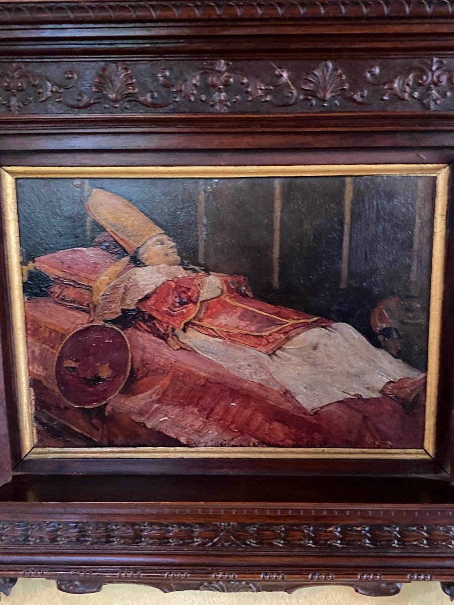 Rare Tableau à Secret, Le Pape Pie IX sur son lit de Mort en 1878, Signé Joseph Wencker-photo-4