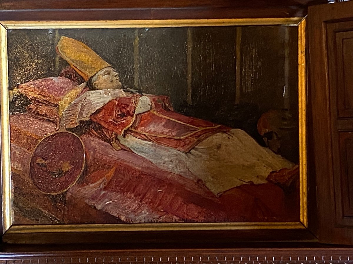 Rare Tableau à Secret, Le Pape Pie IX sur son lit de Mort en 1878, Signé Joseph Wencker-photo-3