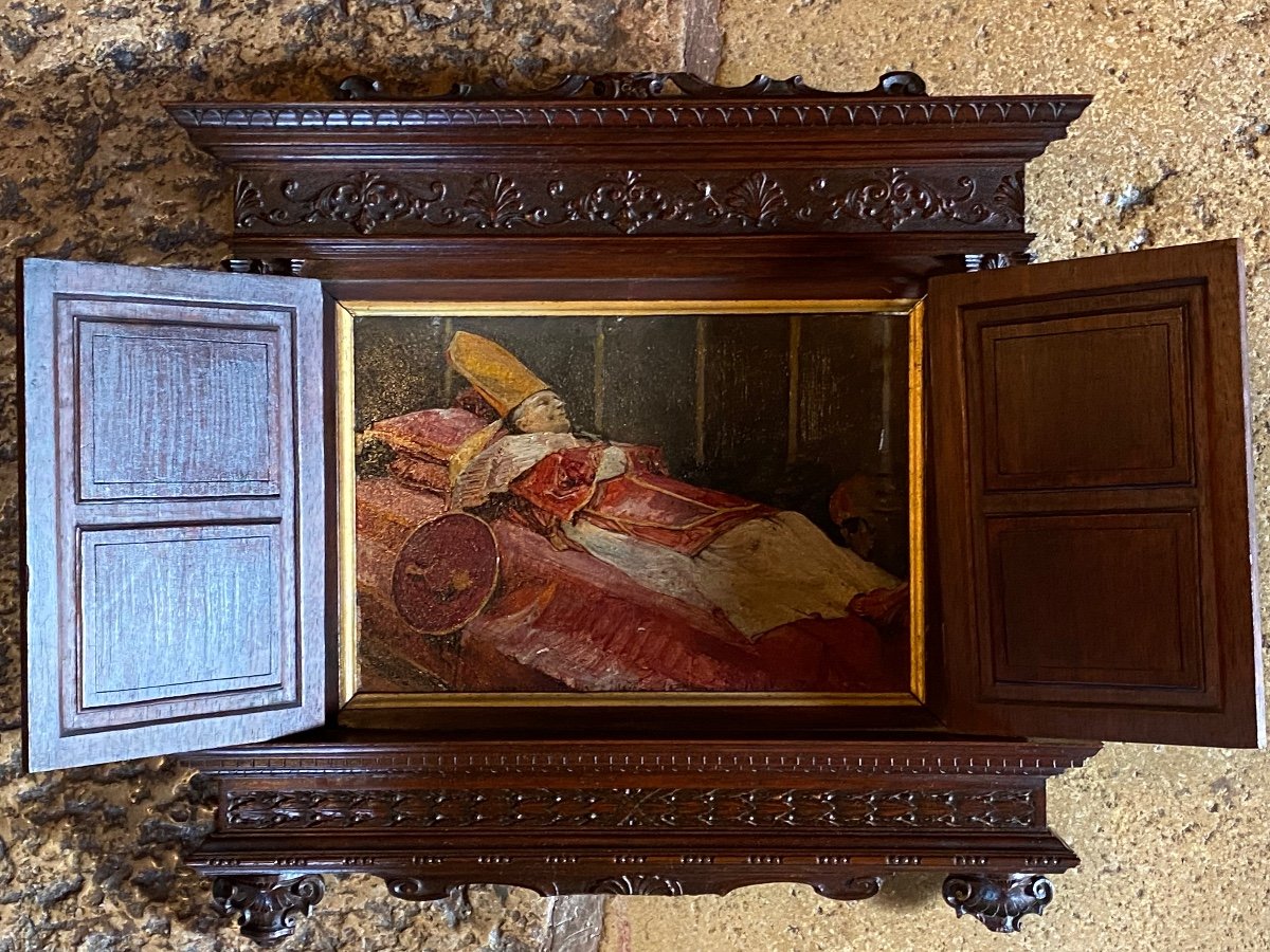 Rare Tableau à Secret, Le Pape Pie IX sur son lit de Mort en 1878, Signé Joseph Wencker-photo-4