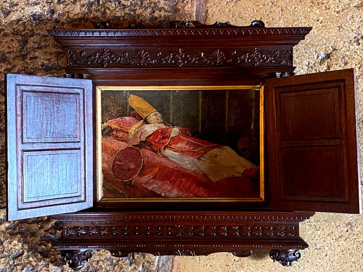 Rare Tableau à Secret, Le Pape Pie IX sur son lit de Mort en 1878, Signé Joseph Wencker