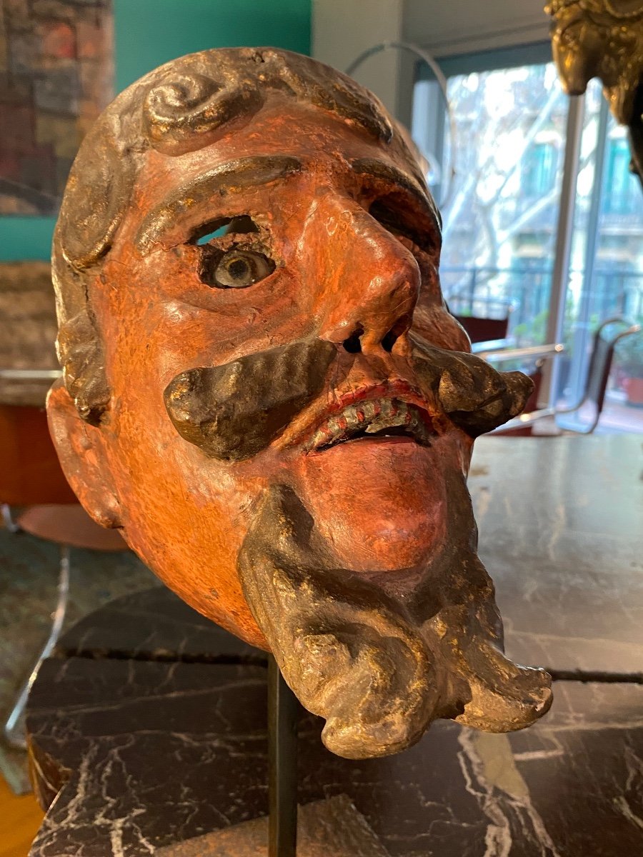 Rare Masque Mexicain En Bois Sculpté Du XIX Eme Siècle -photo-3