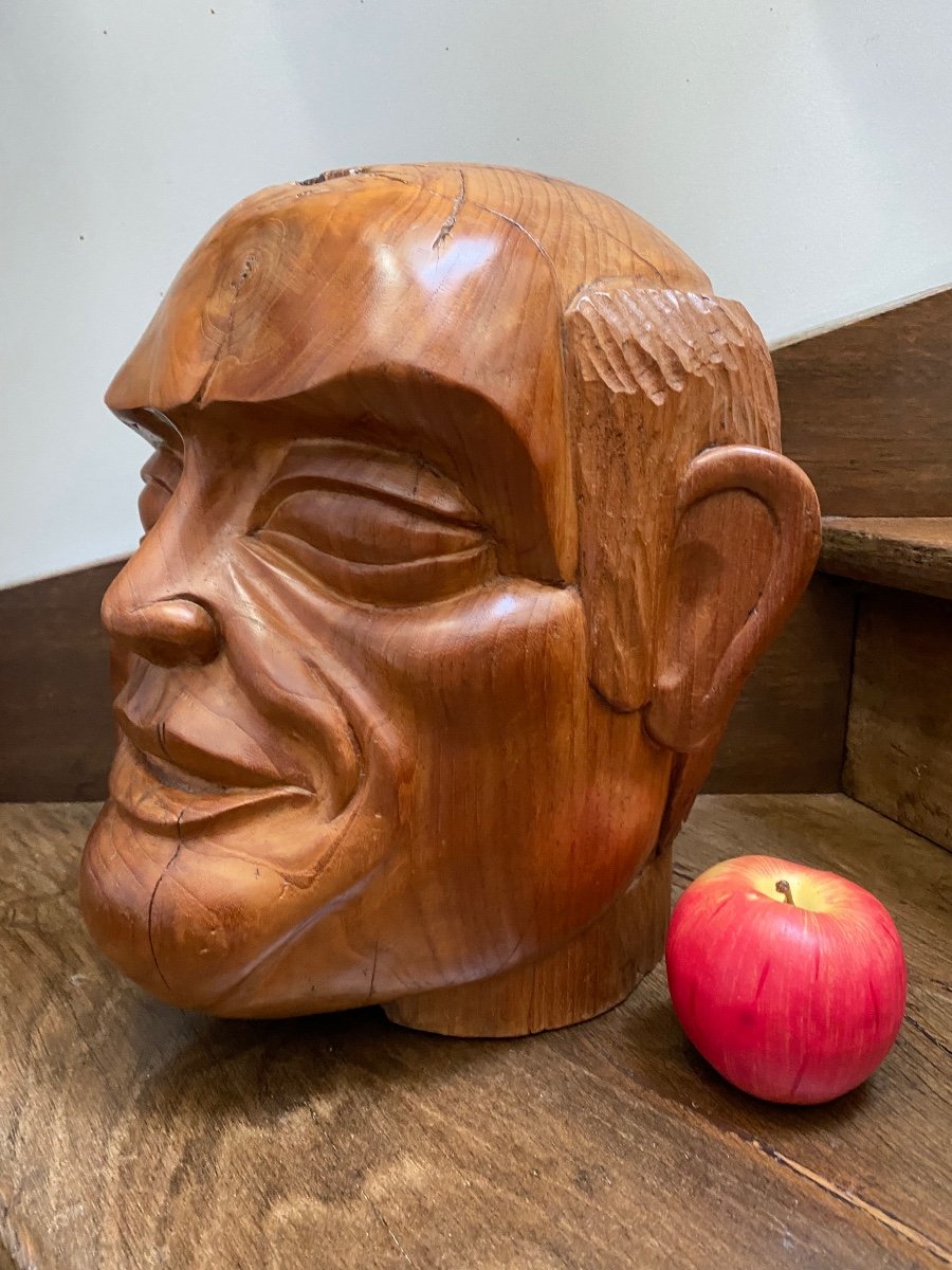 Surprenante Tête D’homme Sculptée En Merisier Massif 1 ère Moitié Du XX Eme Siècle -photo-2