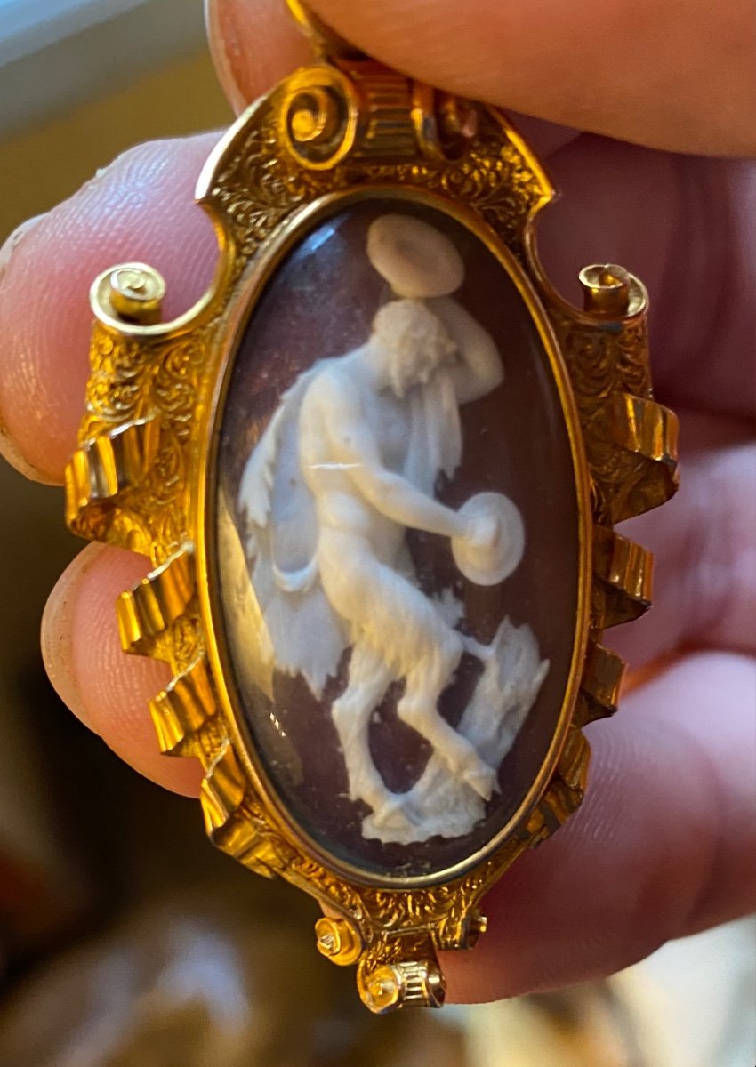 Satyr With Cymbals, Cameo On Shell In High Relief In A Gold Pendant, 19th Century-photo-5