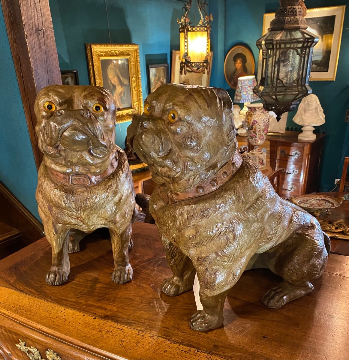 Pair Of English Bulldogs In Polychrome Terracotta From The 19th Century -photo-2