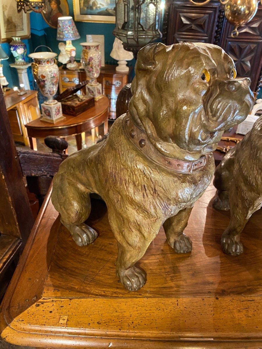 Pair Of English Bulldogs In Polychrome Terracotta From The 19th Century -photo-8