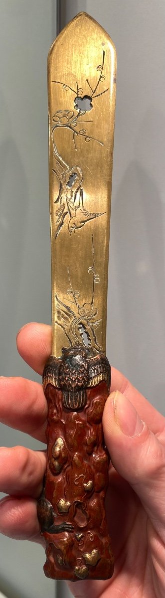Owl-discovering Monkey, Letter Opener, Japan Shibuichi Meiji Era -photo-4