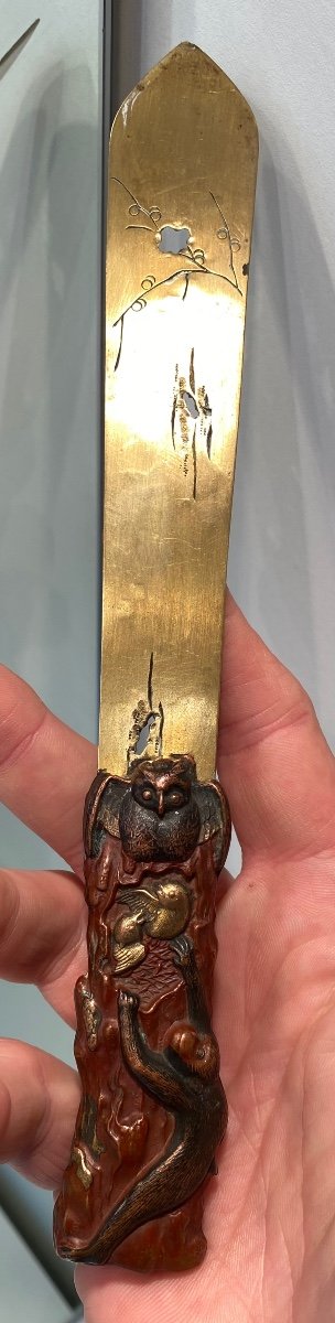 Owl-discovering Monkey, Letter Opener, Japan Shibuichi Meiji Era -photo-2