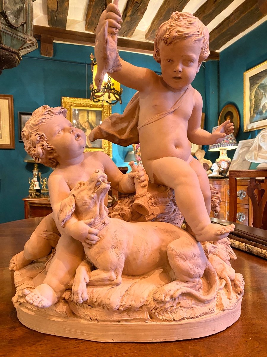 Return From Putti Hunting, Signed Le Brun, Large Terracotta Late 19th Century 