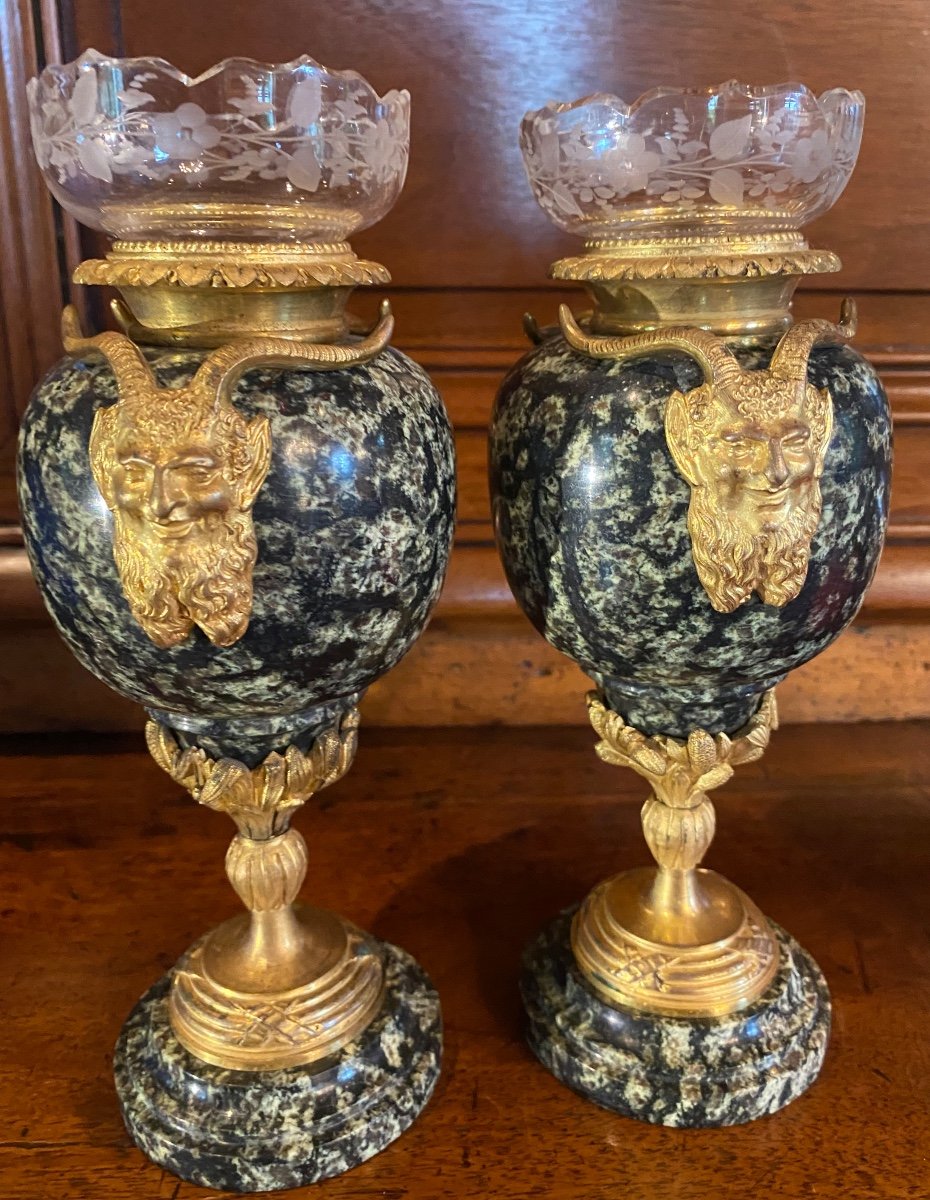 Rare Pair Of Soliflore Vases In Green Jasper And Gilded Bronzes With Satyrs 