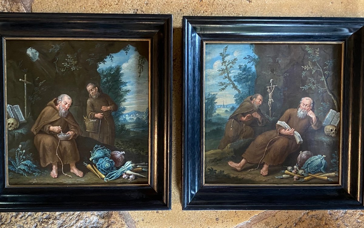 Two Hermit Monks In A Cave, Flemish Painting From The 18th Century -photo-2