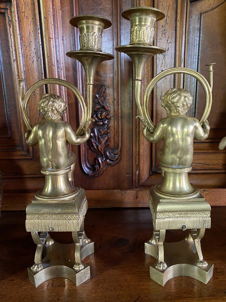 Marmousets Aux Cors De Chasse, Bougeoirs En Bronze Fin Du XIX Eme Siècle -photo-3