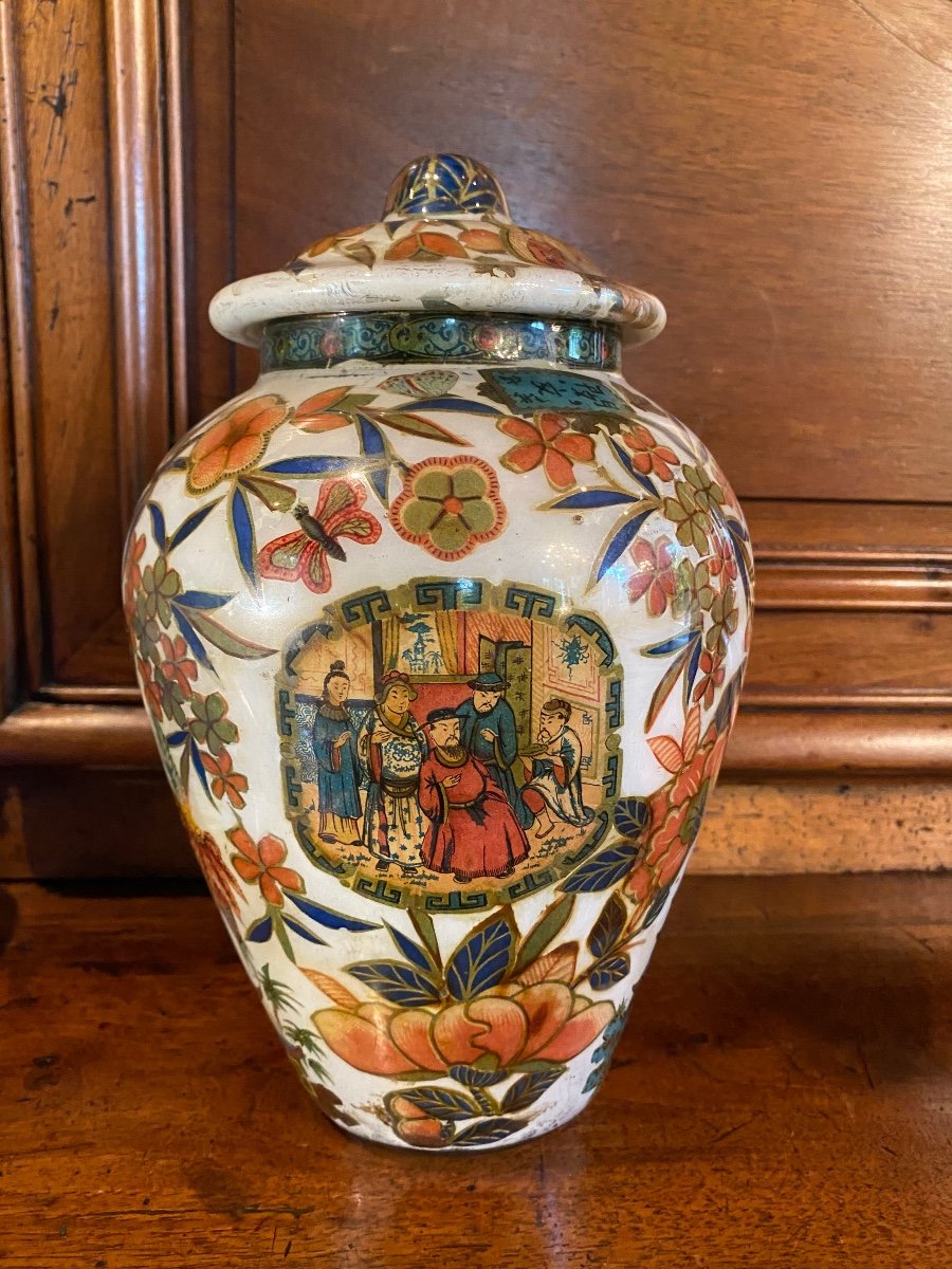 Charmant Vase Au Chinois, Potichomanie Du XIX Eme Siecle-photo-2