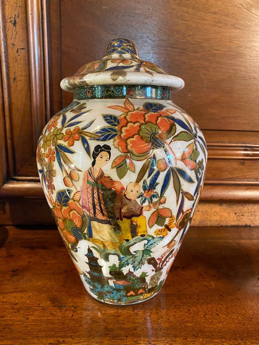 Charmant Vase Au Chinois, Potichomanie Du XIX Eme Siecle-photo-3