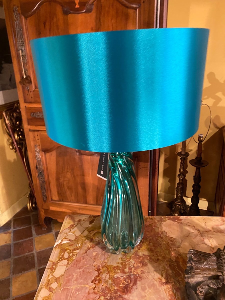 Paire De Lampes Turquoise En Verre Moulé -photo-5