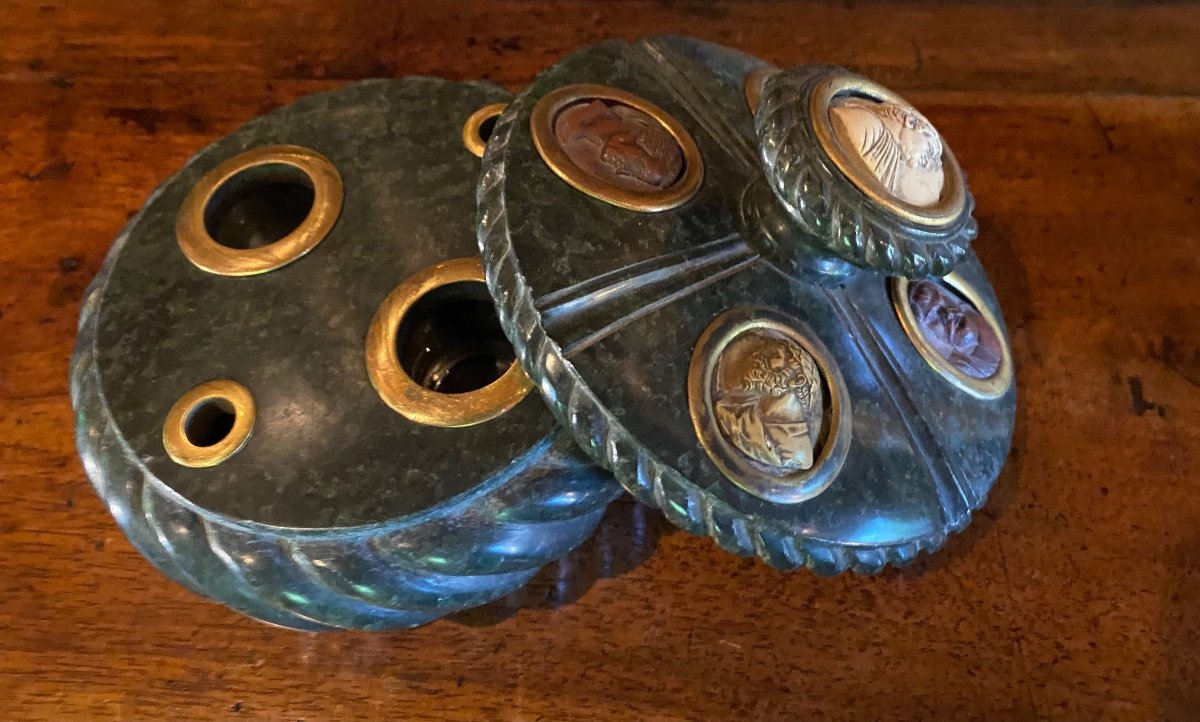 Serpentine Inkwell With Cameos, Souvenir Of The Grand Tour, 19th Century -photo-2