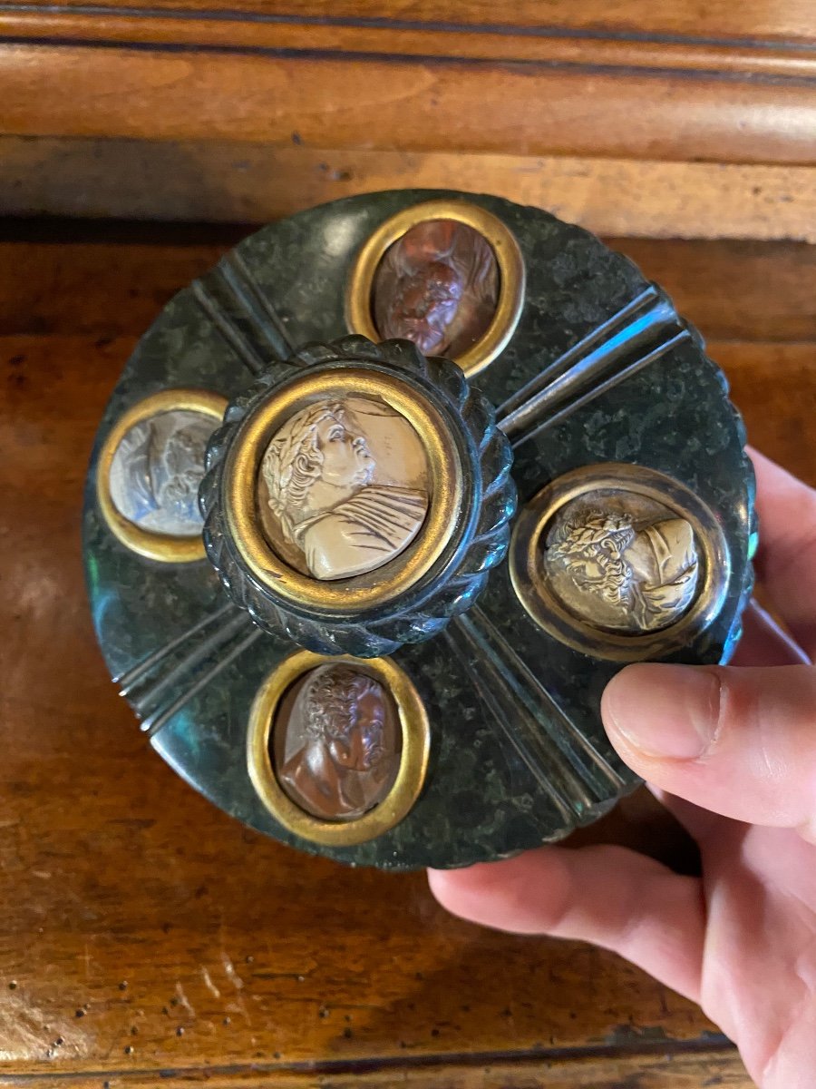 Serpentine Inkwell With Cameos, Souvenir Of The Grand Tour, 19th Century -photo-3