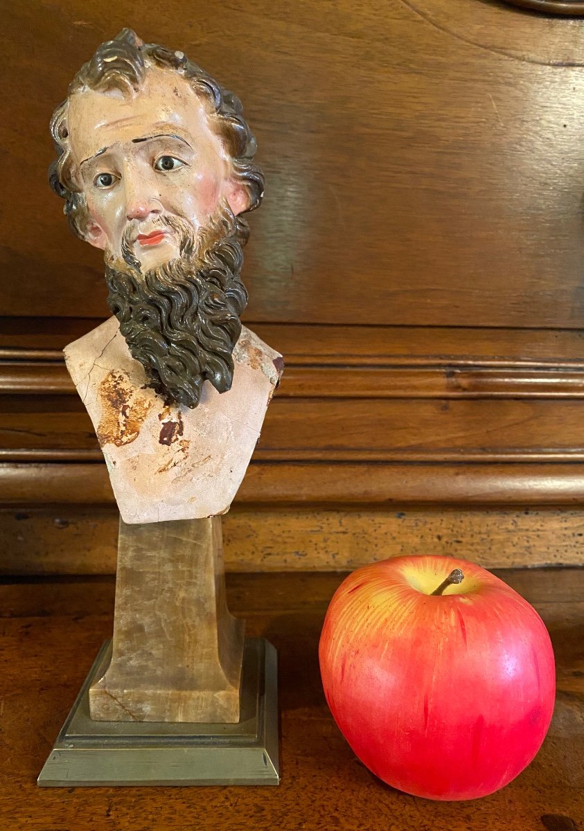 Large Santon Head From Naples, Terracotta And Sulphide Eyes, 18th Century 