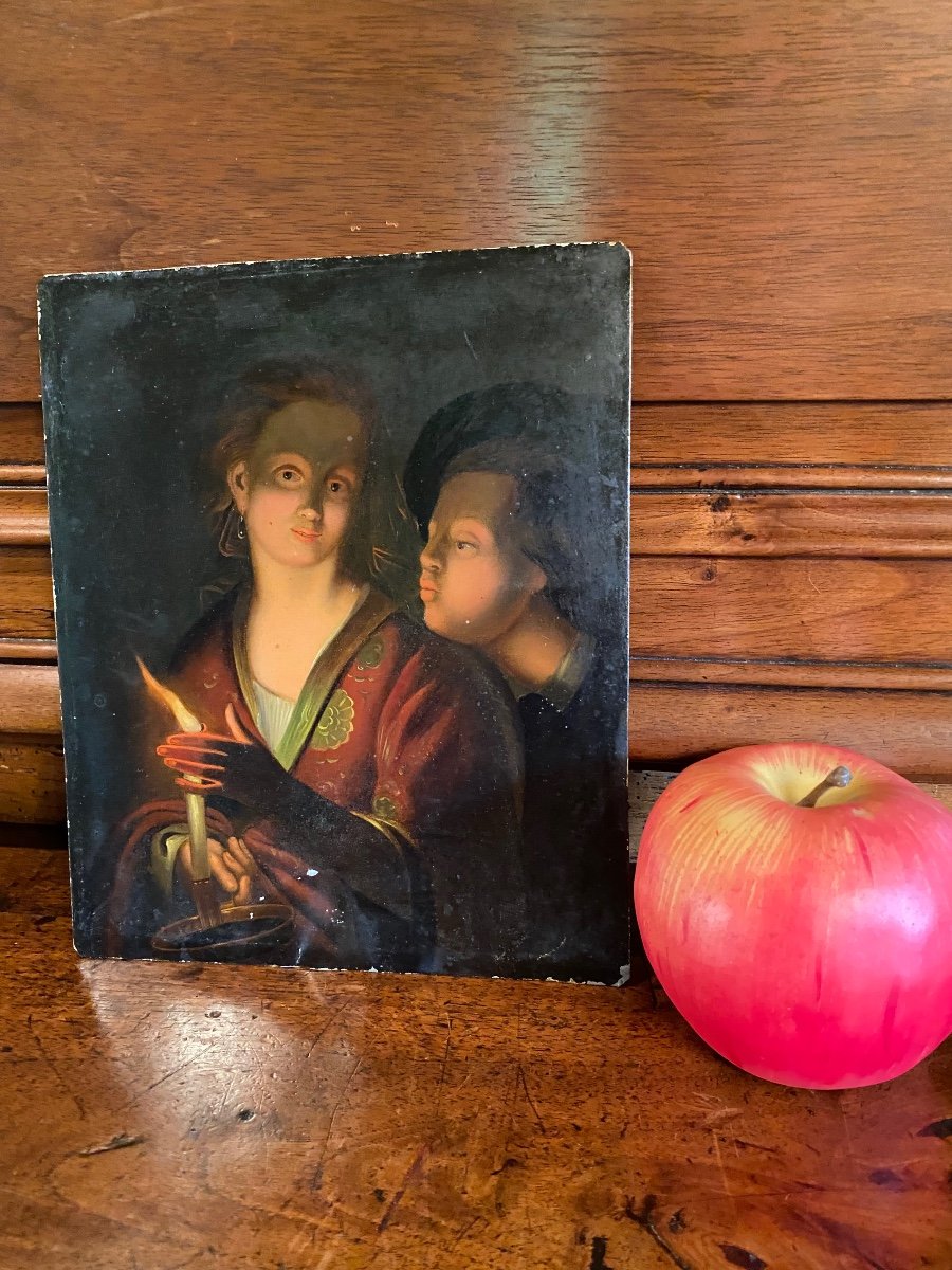 Belle Huile Sur Cuivre En Clair Obscur, éclairage à La Bougie, XIX Eme Siècle -photo-2