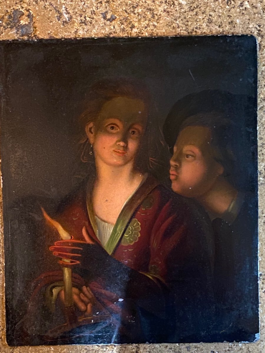 Belle Huile Sur Cuivre En Clair Obscur, éclairage à La Bougie, XIX Eme Siècle -photo-6