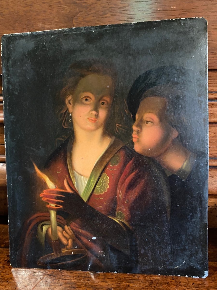 Belle Huile Sur Cuivre En Clair Obscur, éclairage à La Bougie, XIX Eme Siècle -photo-7