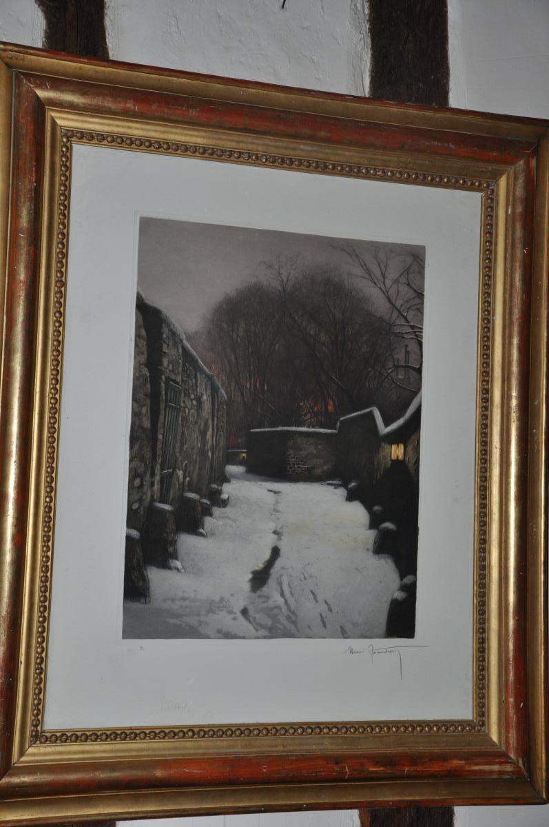 Grande Lithographie "paysage De Neige" Par Henri Jourdain