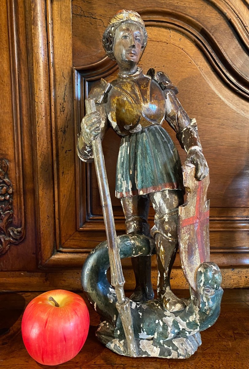 Beautiful Saint George In Carved Wood Slaying The Dragon -photo-2