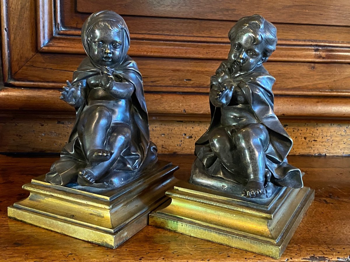 Allégorie De L’hiver, Adorable Paire D’enfants En Bronze Début Du XIX Eme Siècle -photo-3
