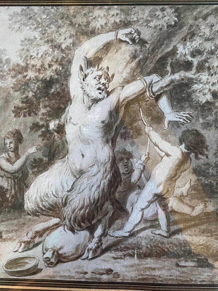 Beau Dessin à La Sépia Datant De La Fin Du XVIII Eme Siècle, Deux Putti Attachant Un Satyre,.-photo-5