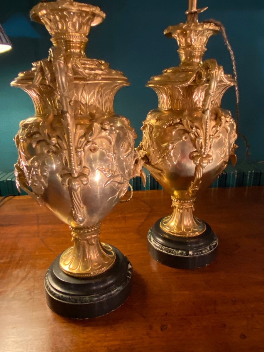  Pair Of Gilt Bronze Lamps In High Relief From The Napoleon III Period -photo-4