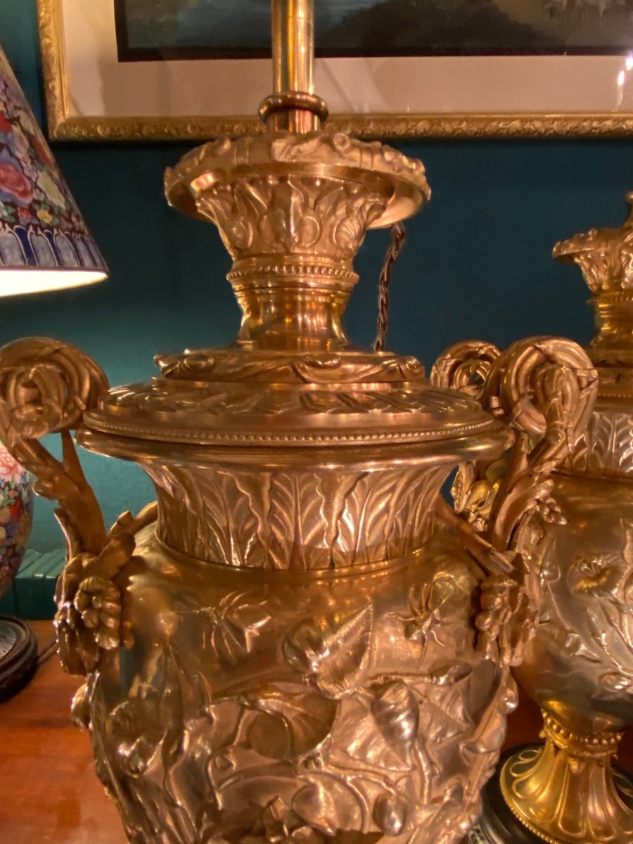  Pair Of Gilt Bronze Lamps In High Relief From The Napoleon III Period -photo-1