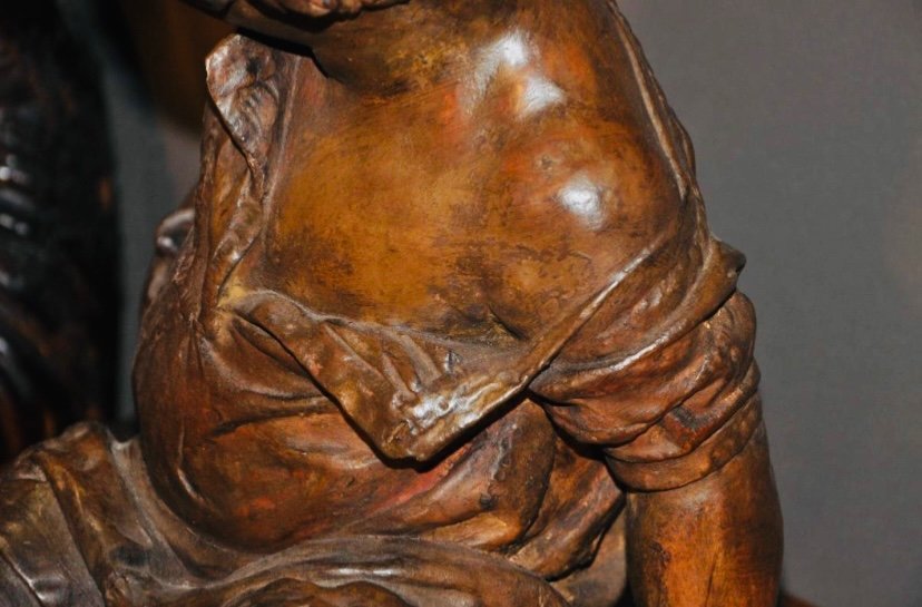 Life Size Terracotta Of A Little Girl Playing With Her Dog Signed -photo-3
