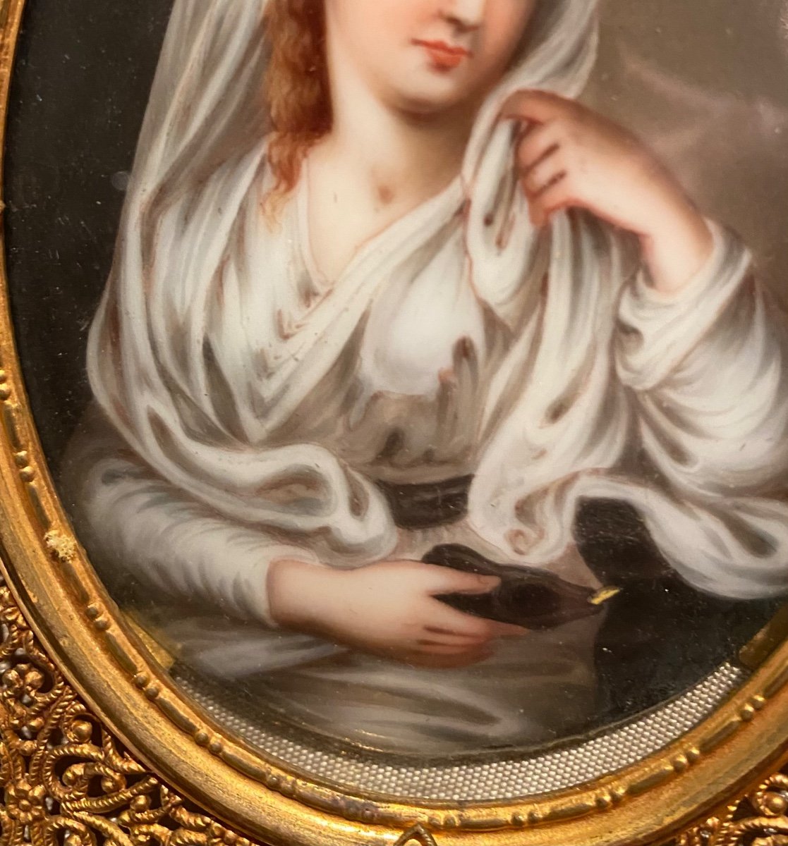 La Vestale D’après Angelika Kauffman, Miniature Sur Porcelaine Du XIX Eme Siècle -photo-3