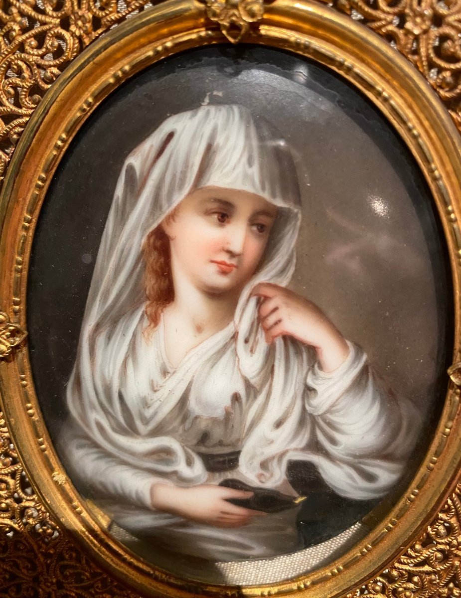 La Vestale D’après Angelika Kauffman, Miniature Sur Porcelaine Du XIX Eme Siècle -photo-3