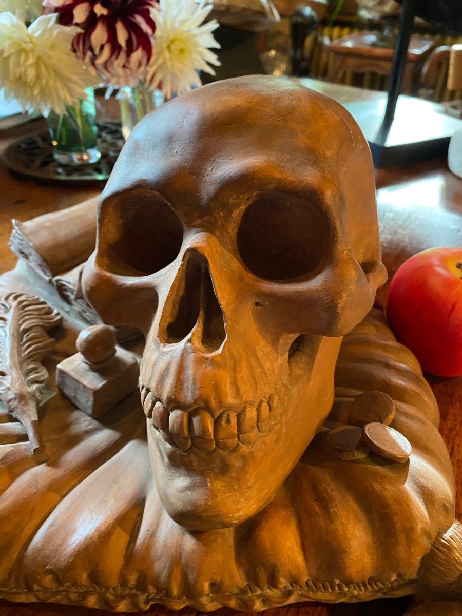 Rare Vanité, Memento Mori En Terre Cuite De La Fin Du XIX Eme Siècle -photo-4