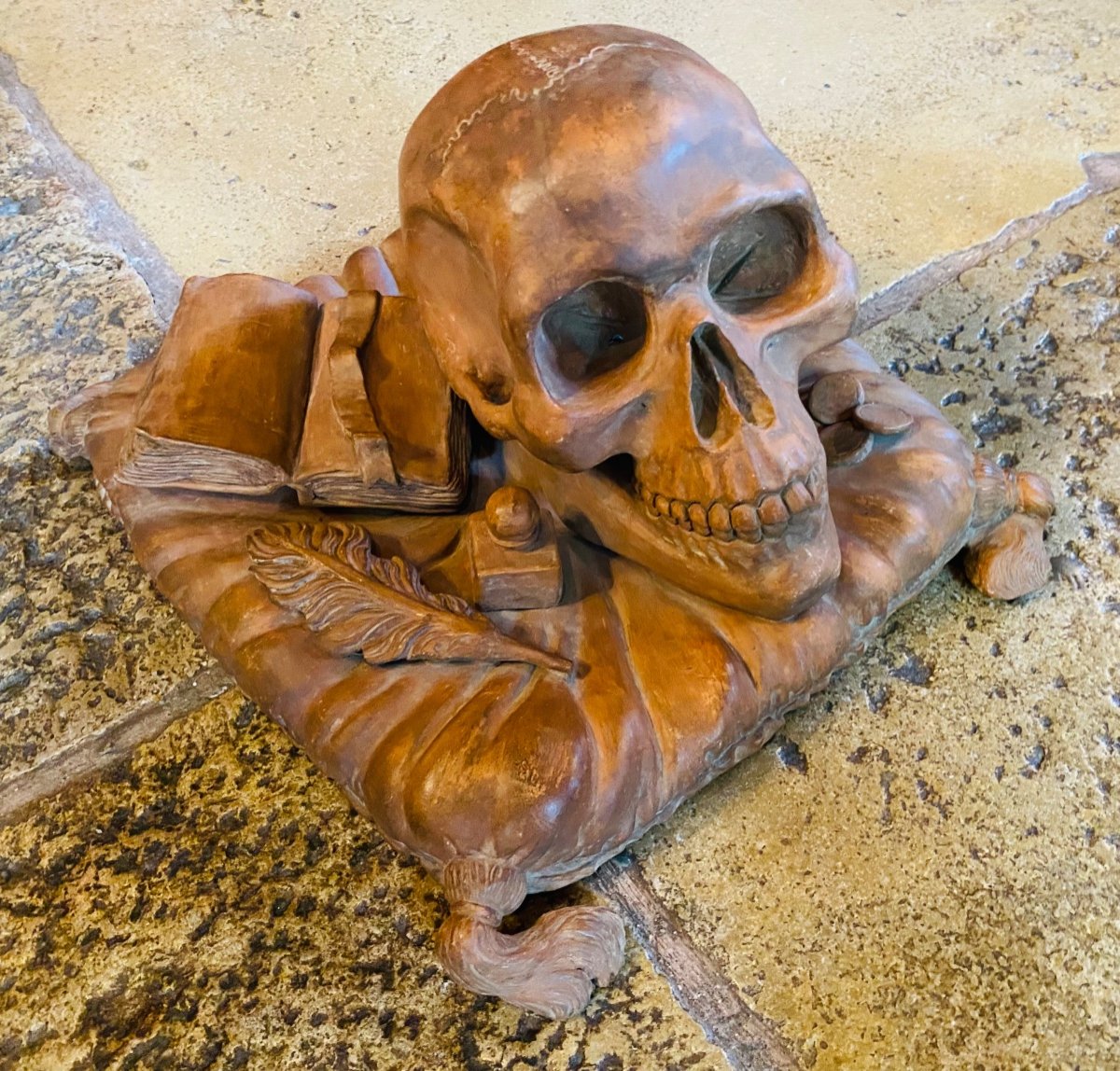 Rare Vanité, Memento Mori En Terre Cuite De La Fin Du XIX Eme Siècle 