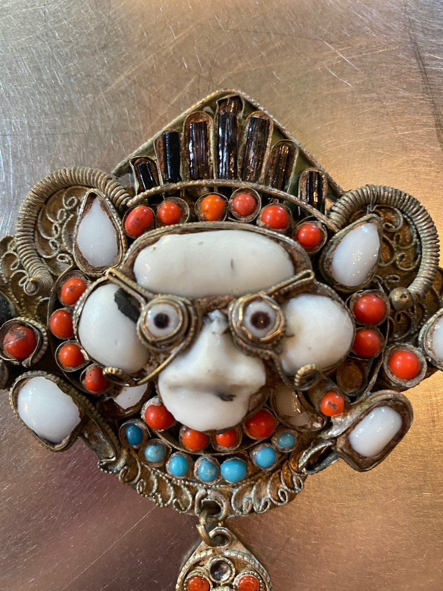 Charmant Masque De Mahakala, Bijou Ancien Tibétain -photo-4
